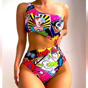 Sexy one shoulder cut out comic book one piece bathing suit